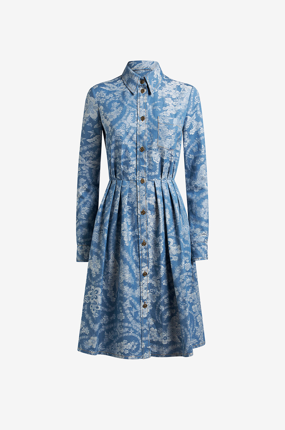 Flower and butterfly patterned jacquard short flared shirt dress