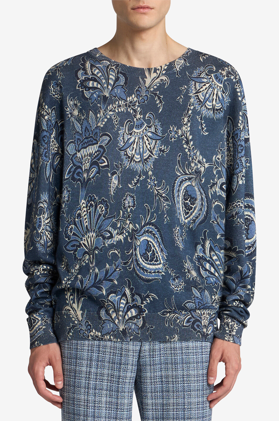 ETRO Pull fin à col rond en soie et coton imprimé Paisley floral Homme BLEU FONCE 3