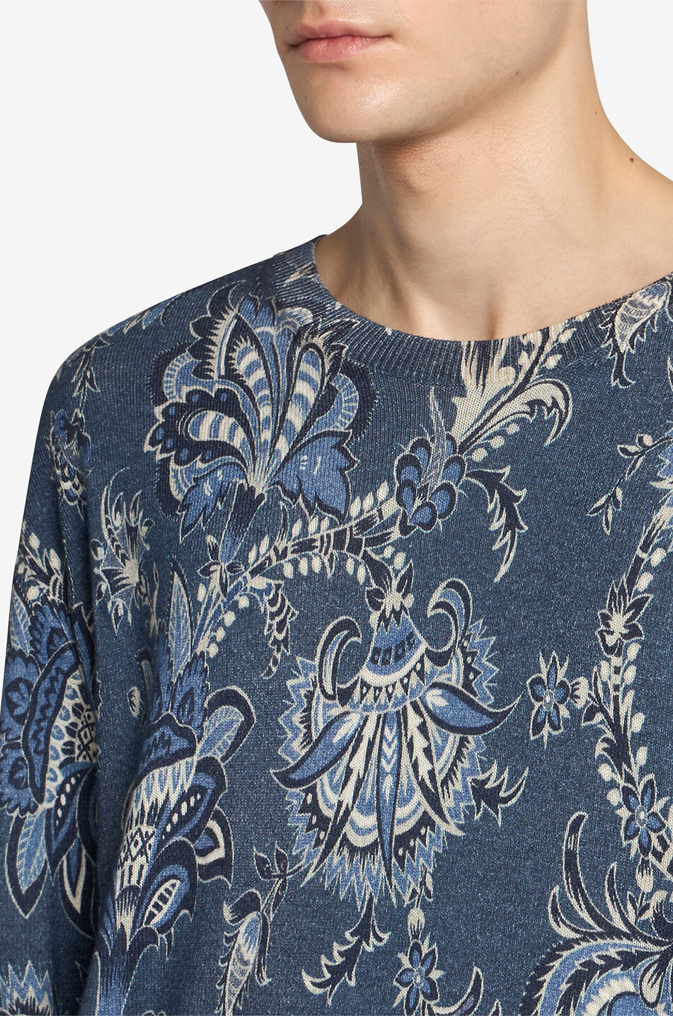 ETRO Pull fin à col rond en soie et coton imprimé Paisley floral Homme BLEU FONCE 6