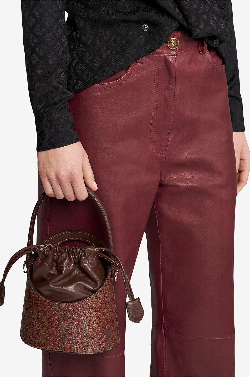 ETRO Saturno Small bucket bag in Paisley canvas and nappa leather Women BROWN 3