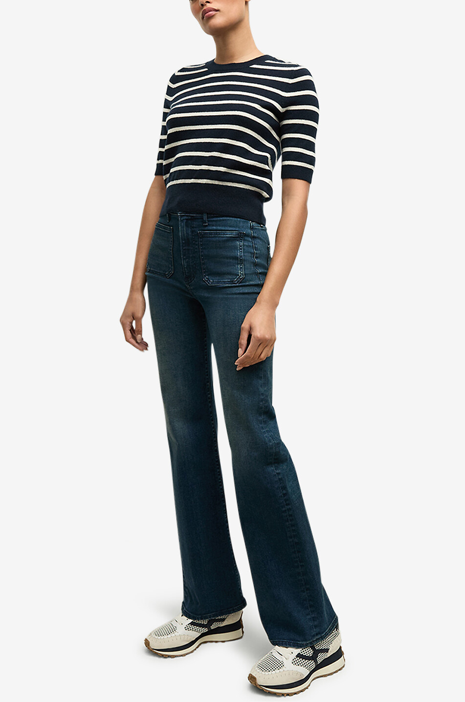 VERONICA BEARD Pull marinière en cachemire à manches courtes Shana Femme BLEU FONCE 4