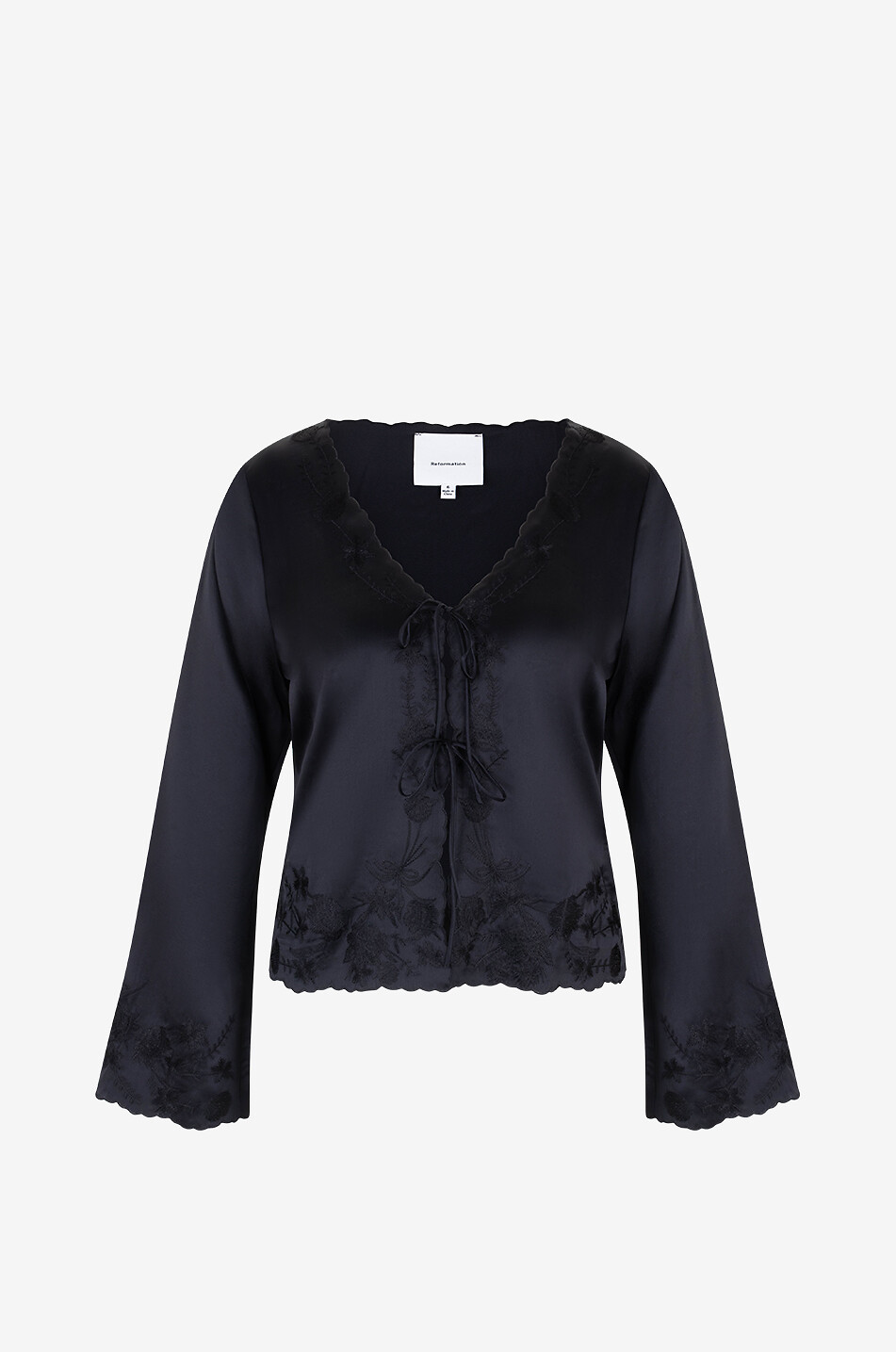 REFORMATION Rosina embroidered silk top with self-ties Women BLACK 1