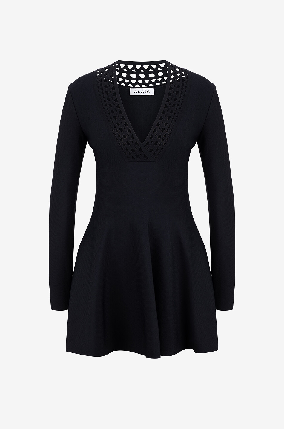 ALAÏA Ausgestelltes Strick-Minikleid mit Lochstrick-V-Ausschnitt Vienne Damen SCHWARZ 1