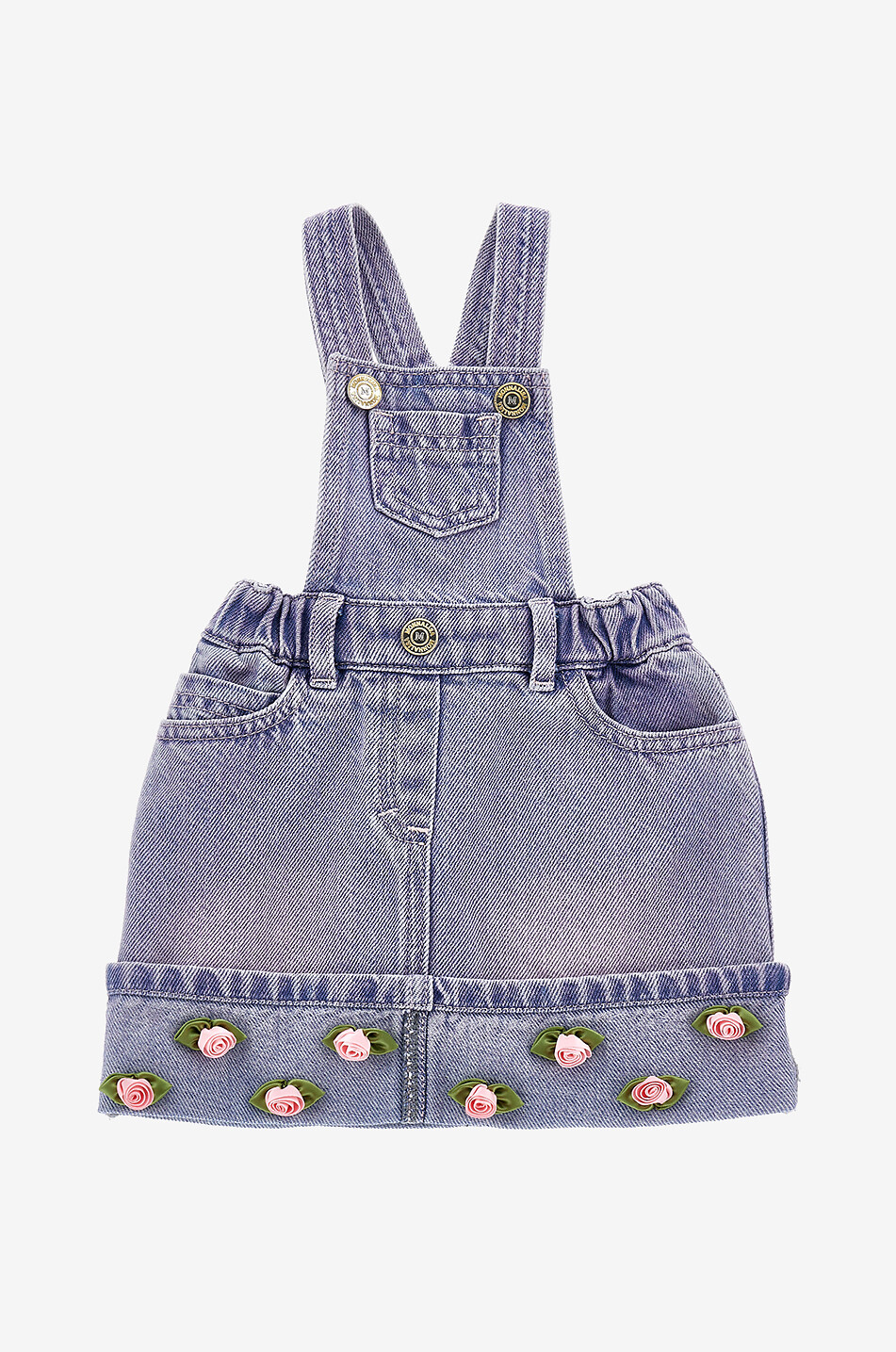 MONNALISA Baby-Latzkleid aus ausgewaschenem Denim mit Rosen Baby BLAU 1