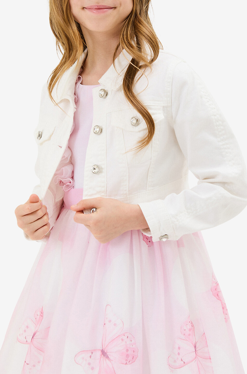 MONNALISA Girls' denim jacket with crystal buttons Girl WHITE 3
