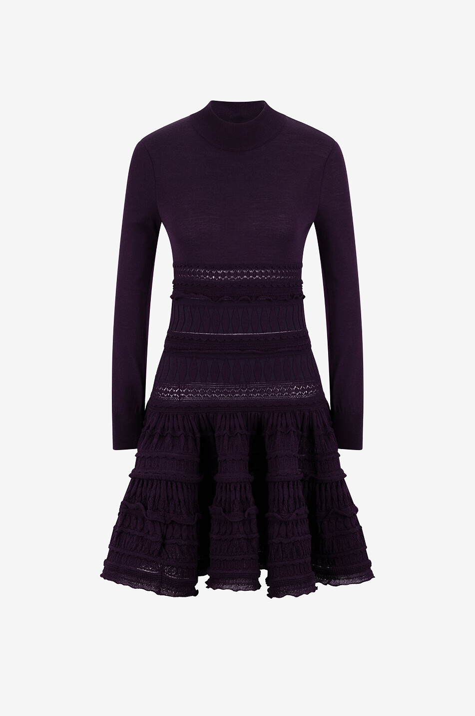 Crinoline wool mini dress with stand-up collar and long sleeves