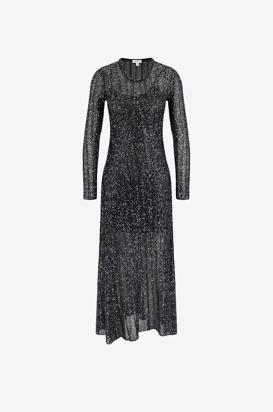 ALAÏA Schmales langes Lochstrickkleid mit Pailletten Damen SCHWARZ 1