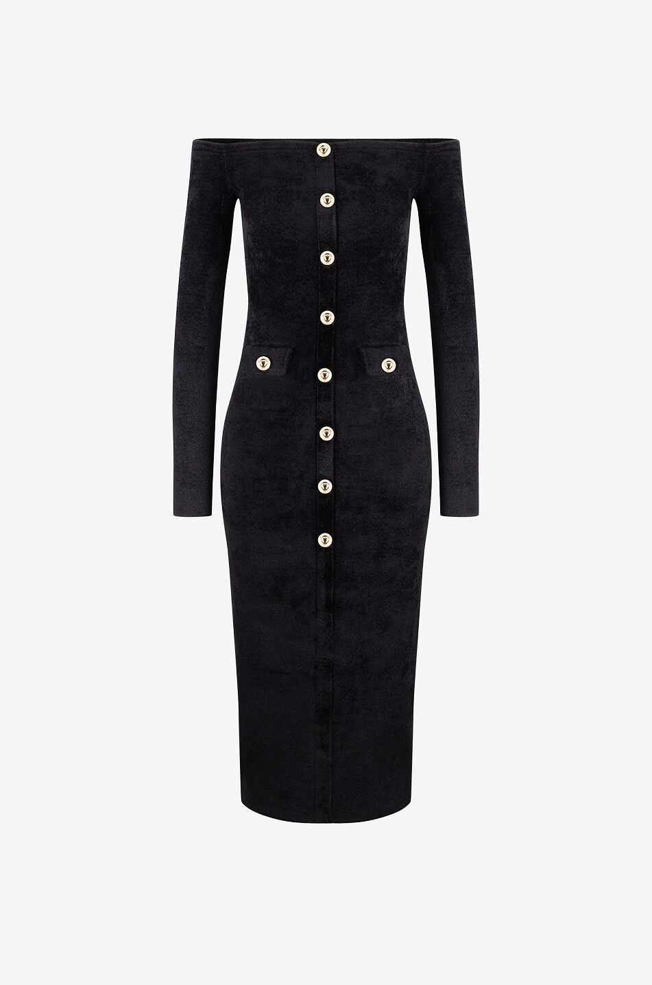 SELF PORTRAIT Robe midi à épaules dénudée en maille chenille Femme NOIR 1