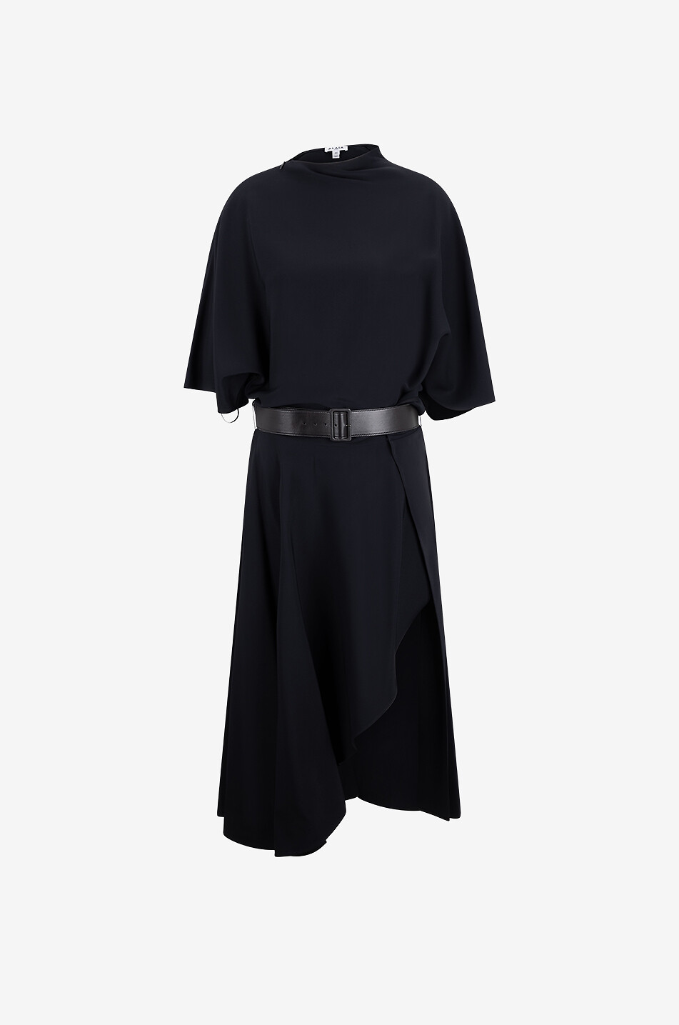 Draped asymmetric crepe dress with nappa leather belt