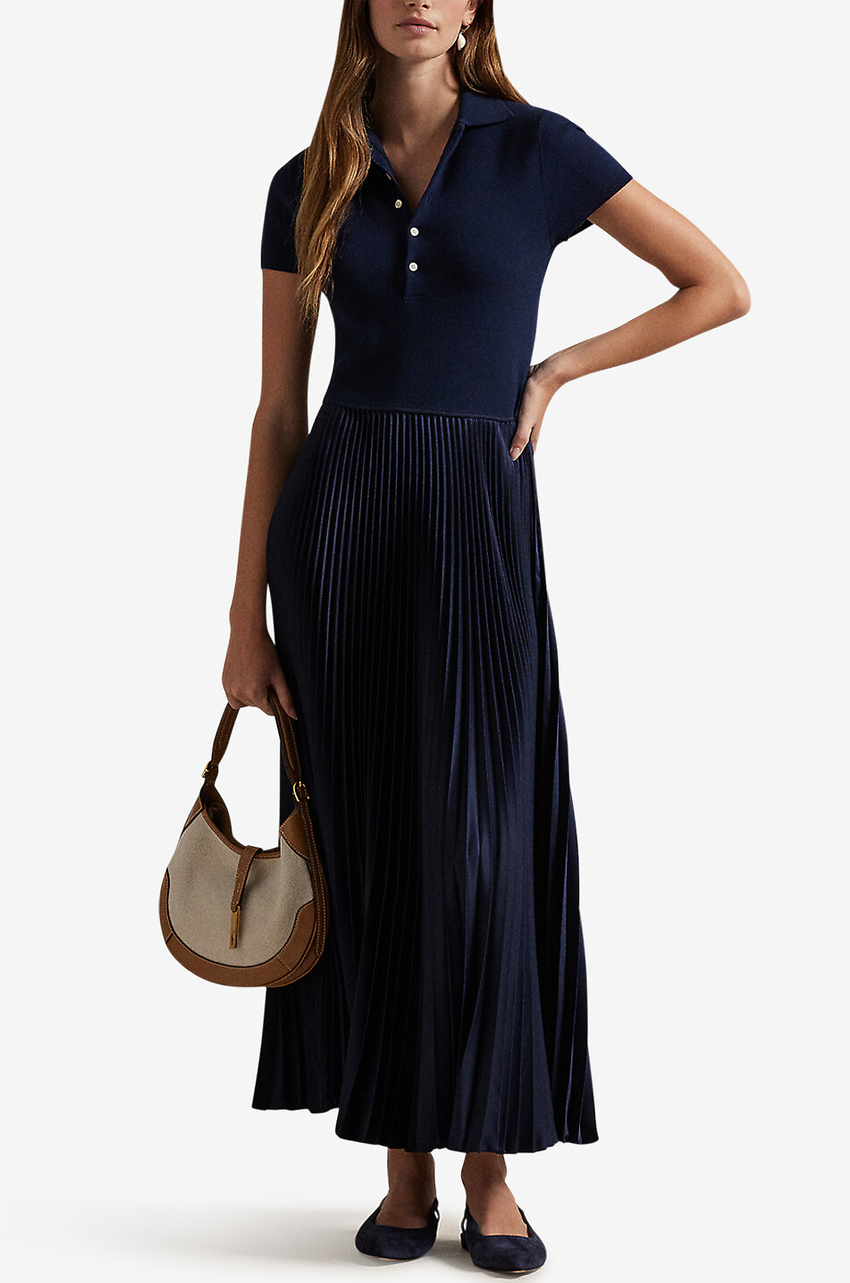 POLO RALPH LAUREN Bi-material polo dress with pleated skirt Women DARK BLUE 4