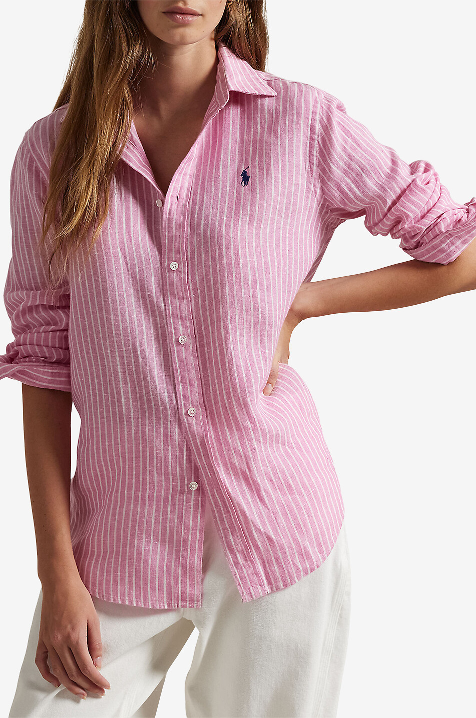 Blouse Polo Long Femme Classic Fit Striped Linen Long-sleeved