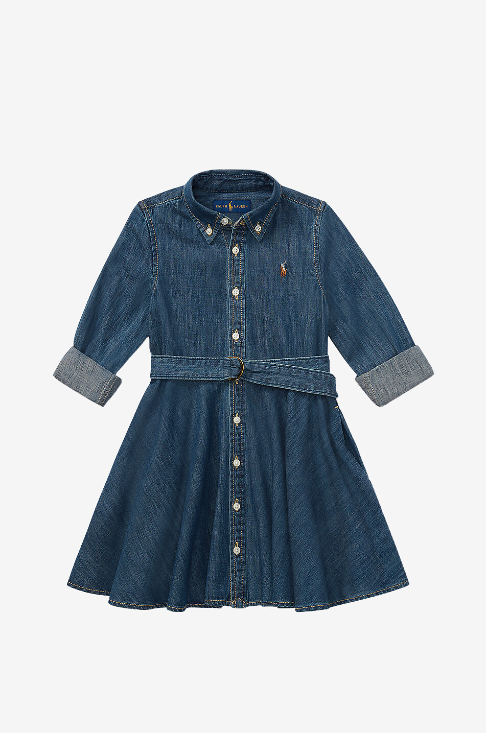 POLO RALPH LAUREN Langarm-Jeans-Hemdkleid für Mädchen Pony Mädchen BLAU 1