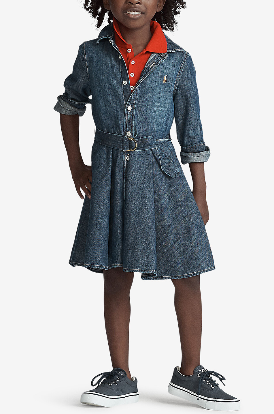 POLO RALPH LAUREN Langarm-Jeans-Hemdkleid für Mädchen Pony Mädchen BLAU 3