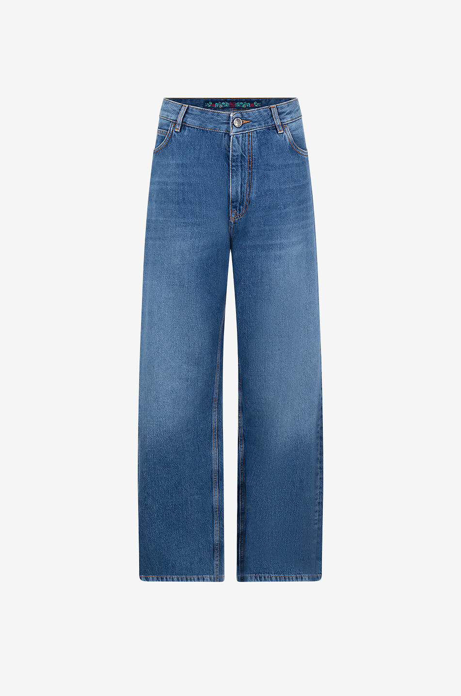 Ausgewaschene weite Jeans mit hoher Taille und Stickerei Pegaso