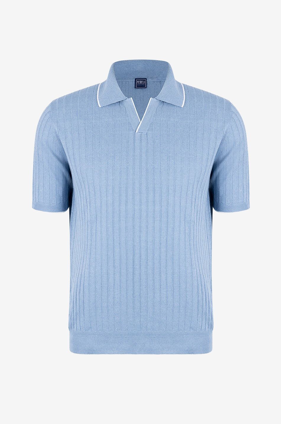 FEDELI Rock linen and cotton rib knit polo shirt Men LIGHT BLUE 1