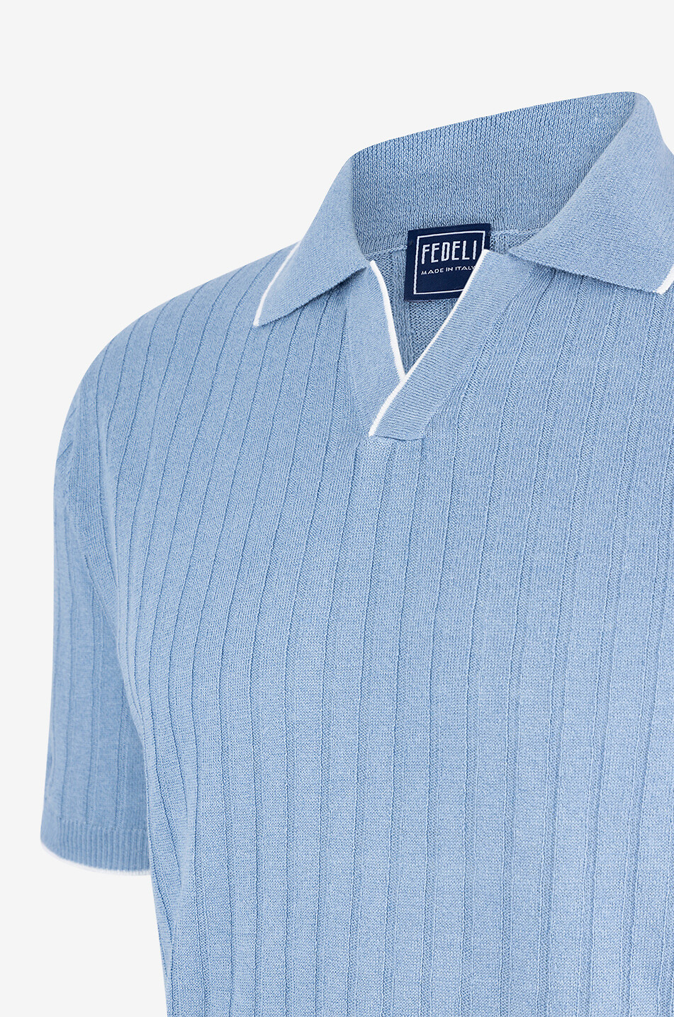 FEDELI Rock linen and cotton rib knit polo shirt Men LIGHT BLUE 3