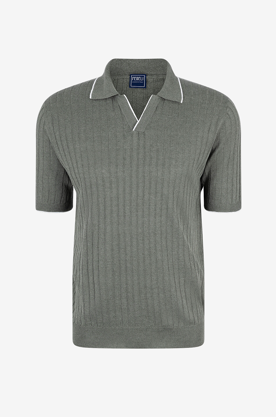 FEDELI Rock linen and cotton rib knit polo shirt Men MEDIUM GREEN 1