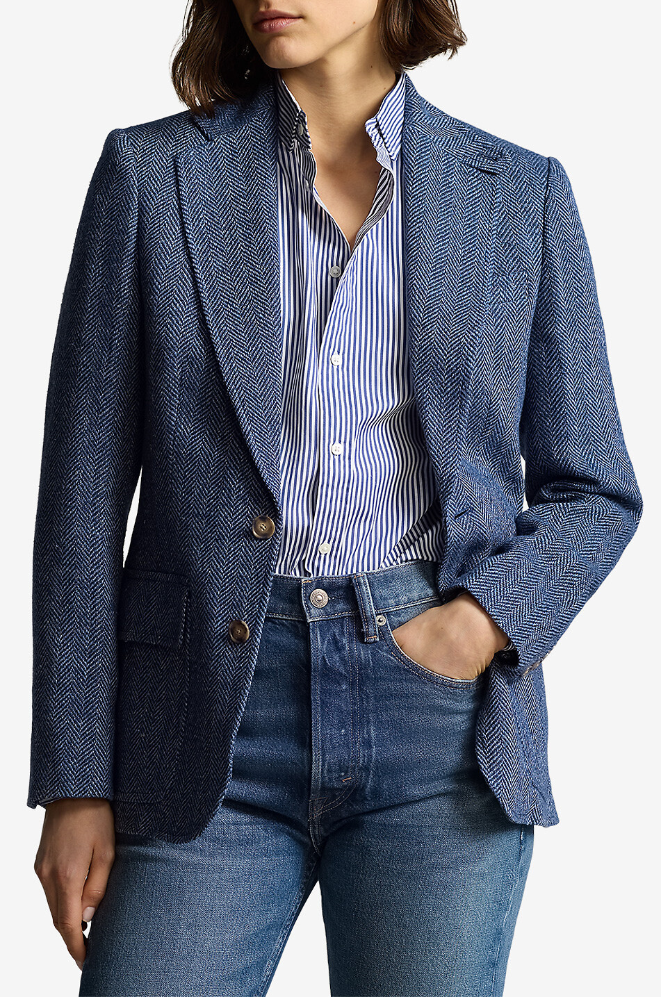 POLO RALPH LAUREN Herringbone linen cinched single-breasted blazer Women BLUE 2