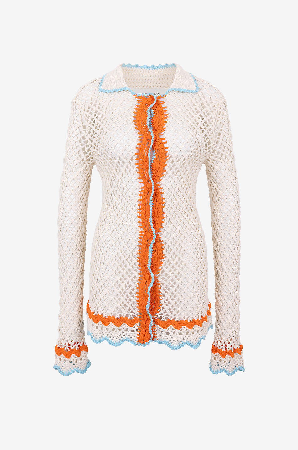 Langer Häkelcardigan mit Kontrastkanten Semele