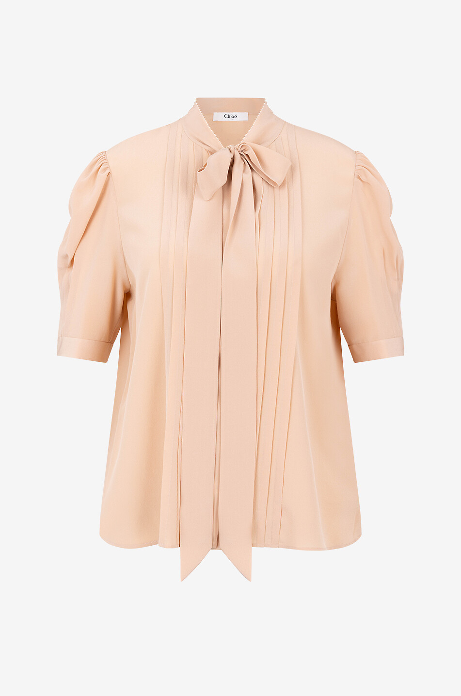 Necktie silk blouse with short sleeved and pintucks
