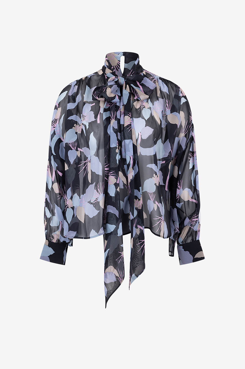 Boxy floral silk chiffon blouse with necktie