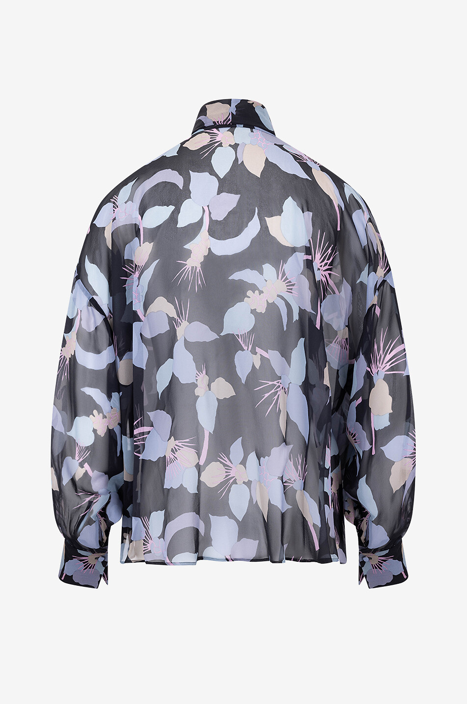 Boxy floral silk chiffon blouse with necktie