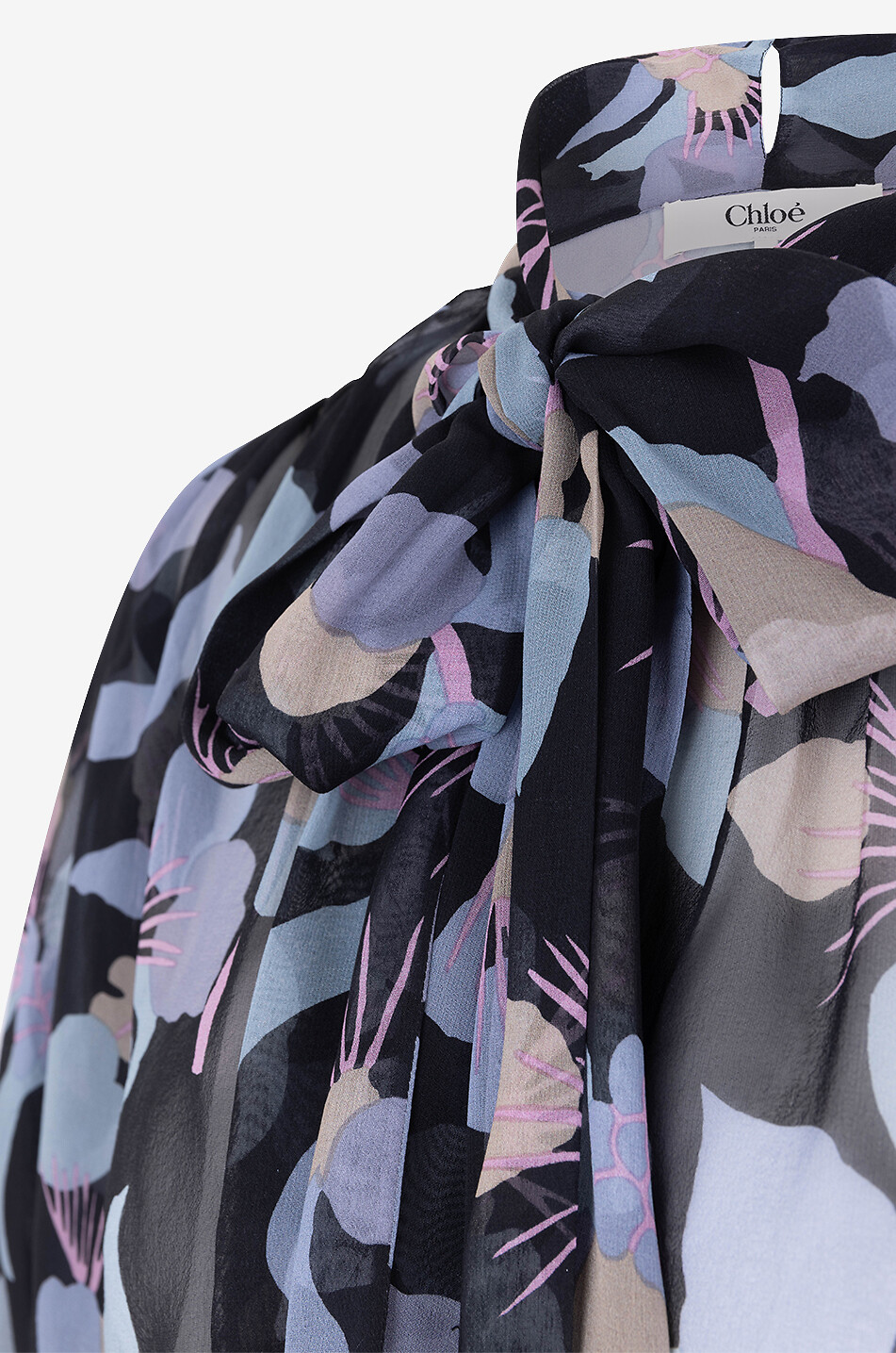 Boxy floral silk chiffon blouse with necktie