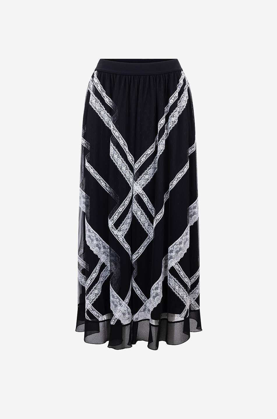 Jupe midi évasée en tulle et dentelle