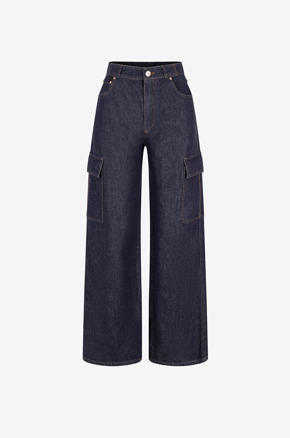 BRUNELLO CUCINELLI Jean cargo large taille haute en denim brut The Contemporary Femme BLEU FONCE 1