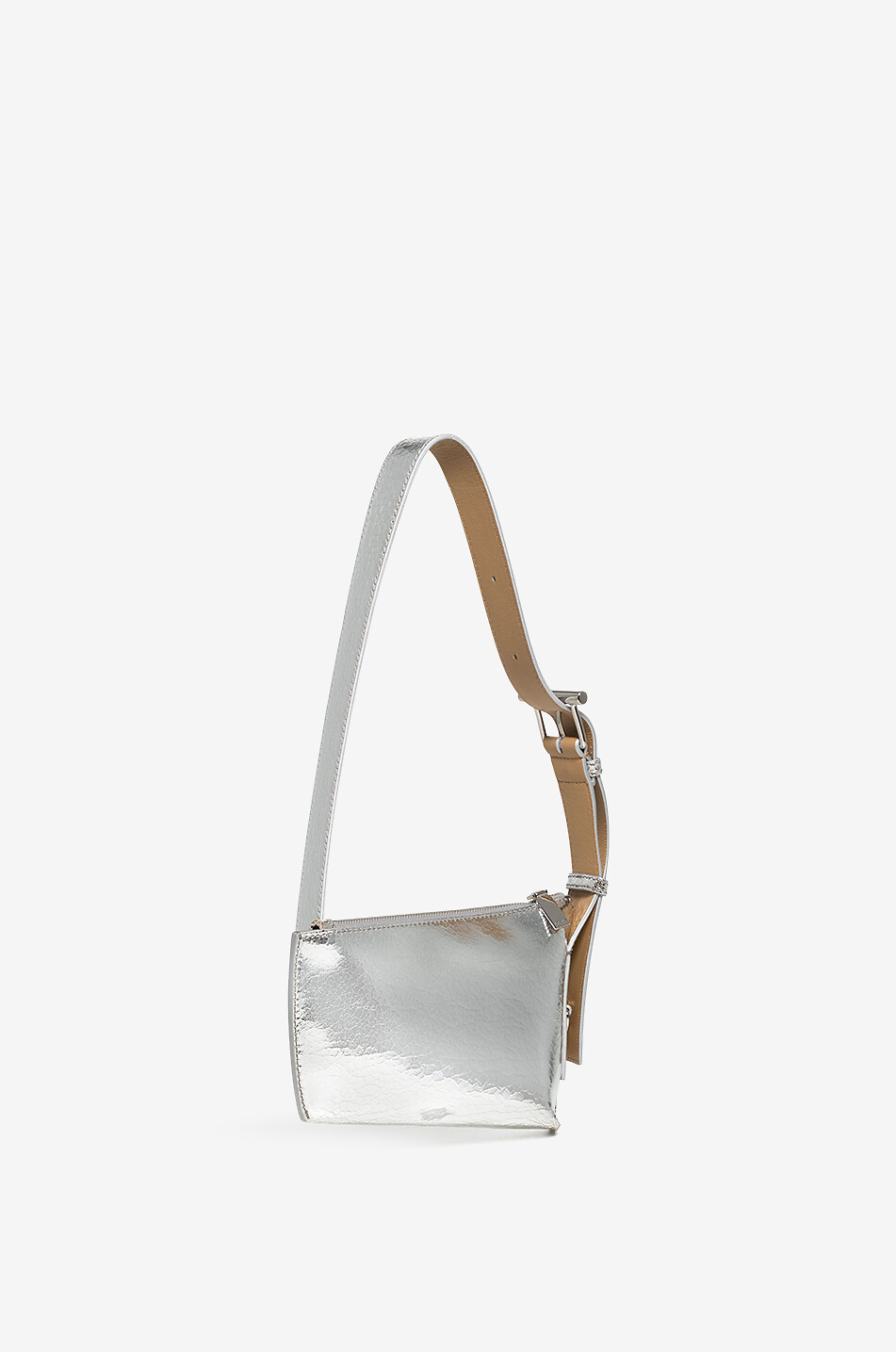 Sac porté épaule en cuir argenté craquelé Pochette McQueen T-bar Sling