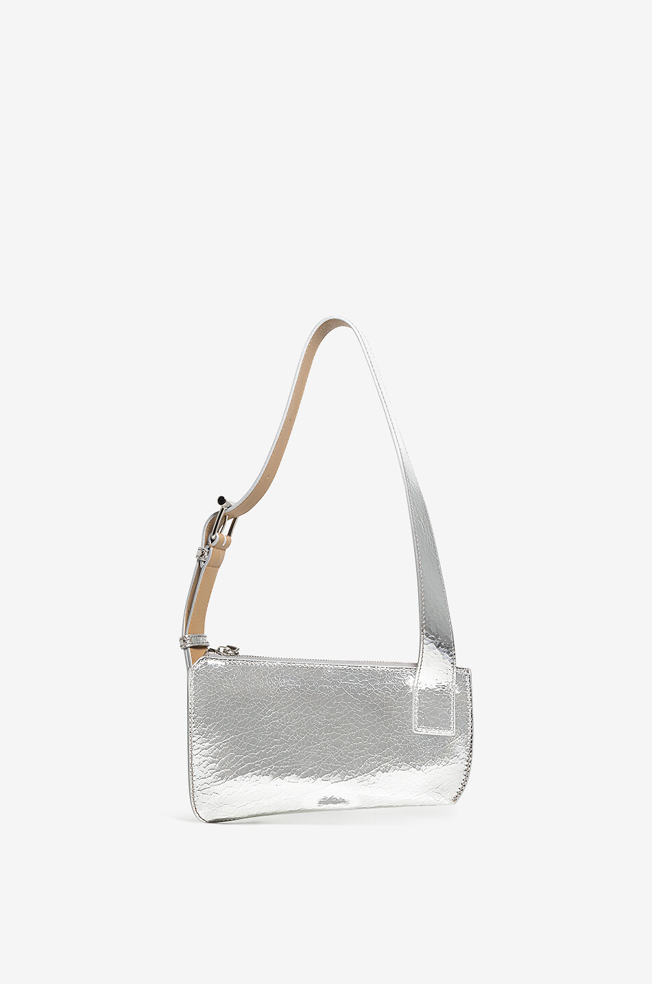 Sac porté épaule en cuir argenté craquelé Pochette McQueen T-bar Sling