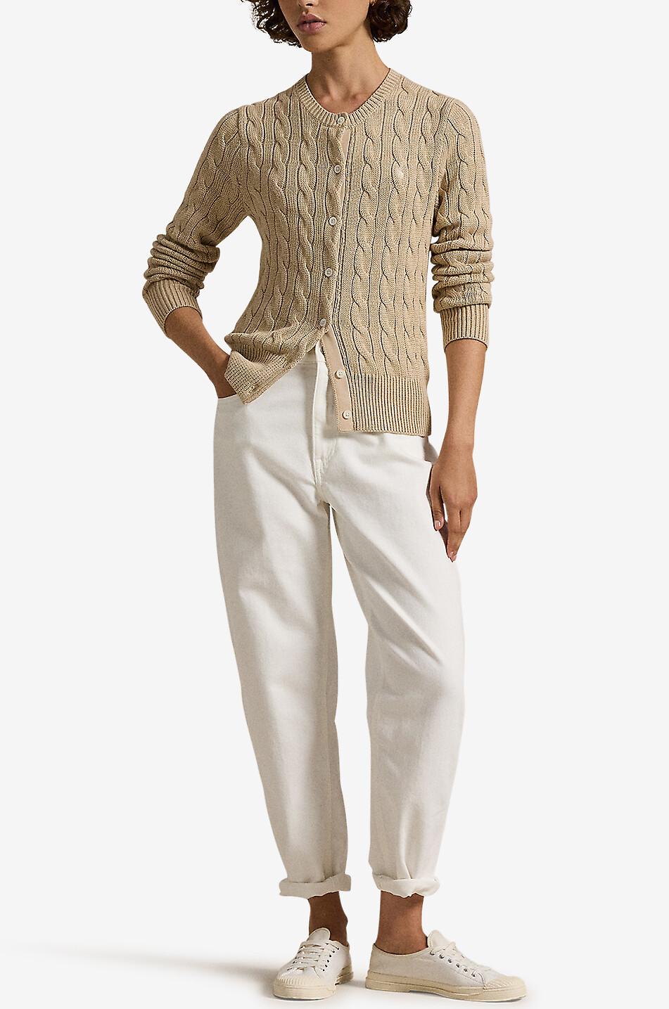 POLO RALPH LAUREN Cardigan torsadé à col rond en coton Pony Femme BEIGE 5