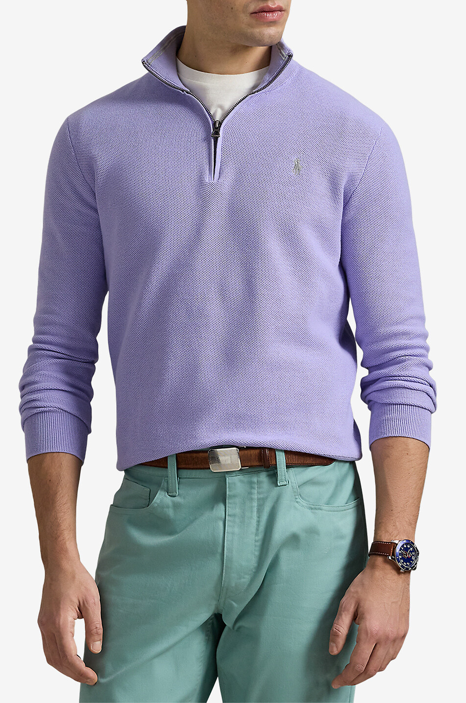 Piqué-Strick-Pullover mit Stehkragen und Reissverschluss Pony