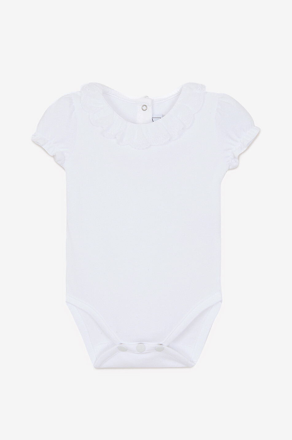 Baby short-sleeved bodysuit with embroidered ruffle collar