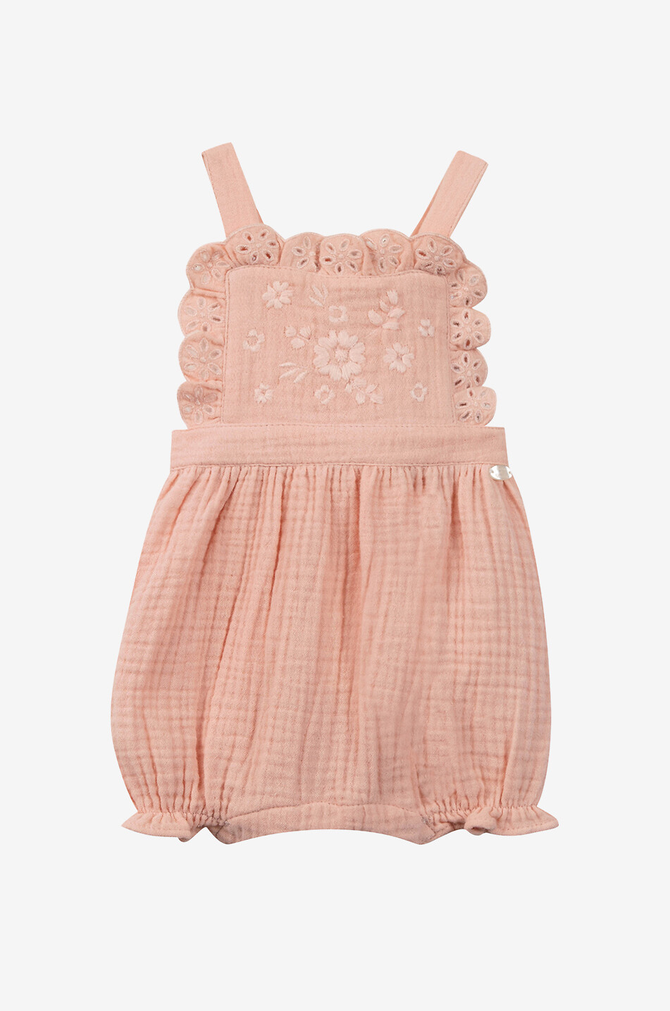 Flower-embroidered short baby dungarees en gauze