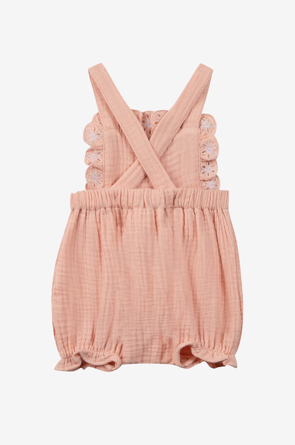 Flower-embroidered short baby dungarees en gauze