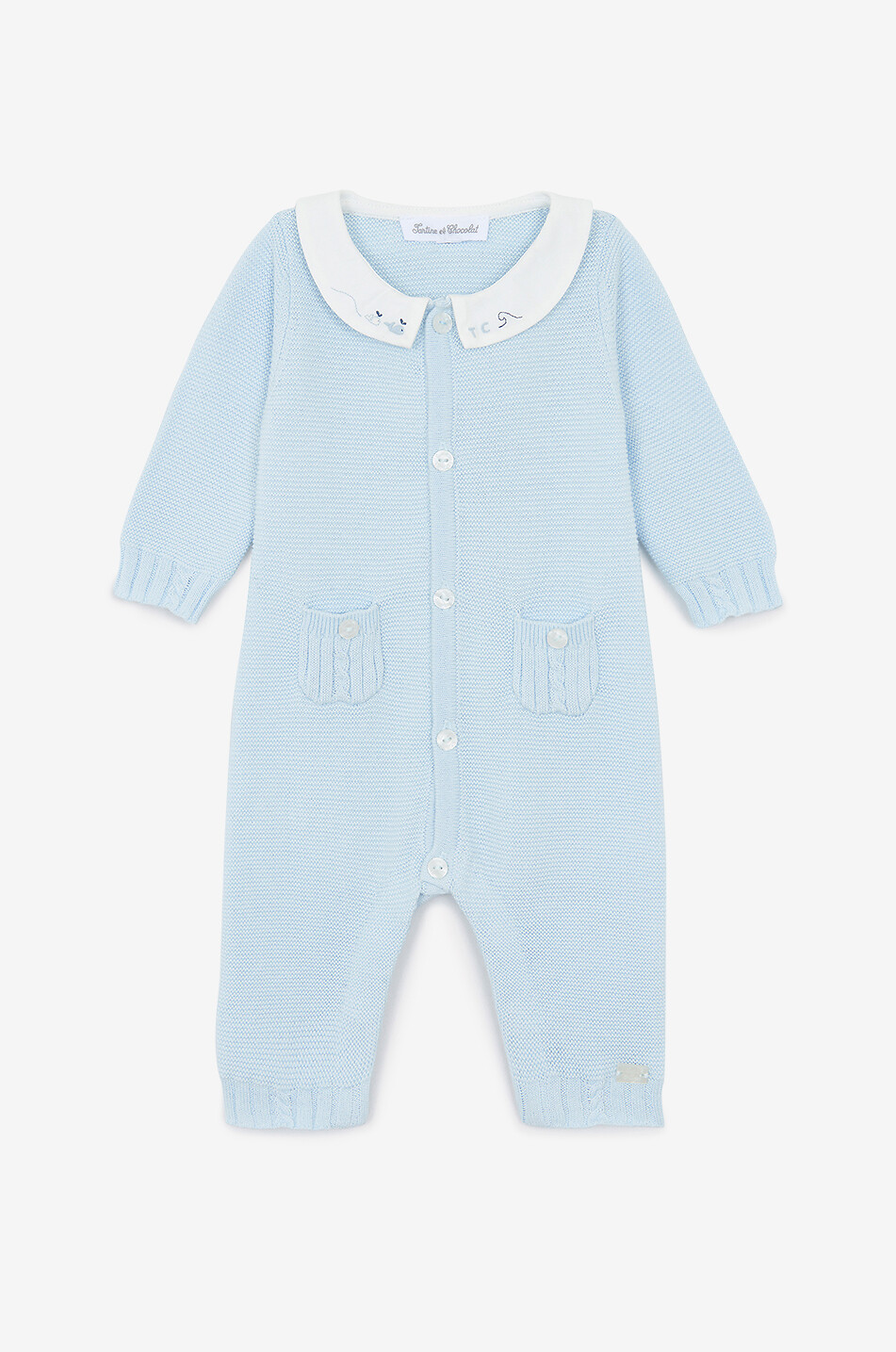 Baby knit jumpsuit with whale embroidered collar