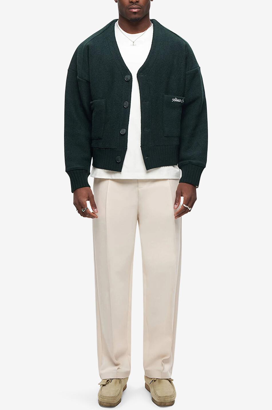 ABOUT:BLANK OG Cropped V-neck button-down wool cardigan Men GREEN 3