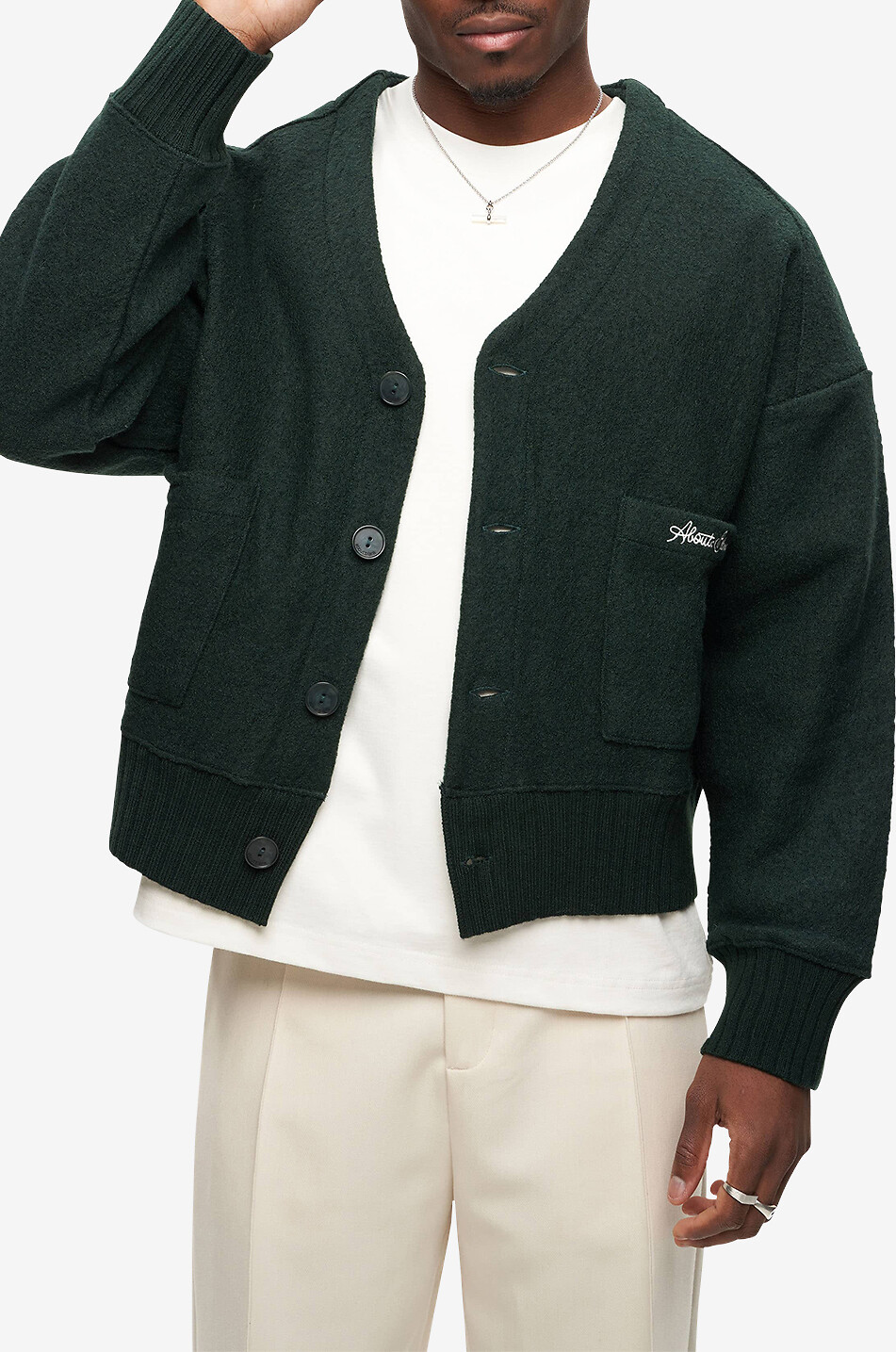 ABOUT:BLANK OG Cropped V-neck button-down wool cardigan Men GREEN 4