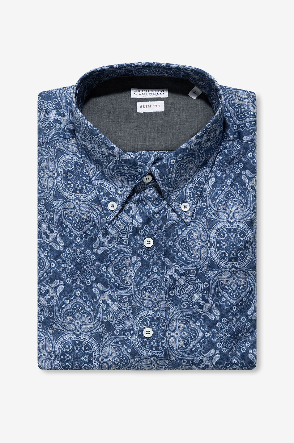 BRUNELLO CUCINELLI Paisley printed slim fit cotton twill shirt Men MEDIUM BLUE 1