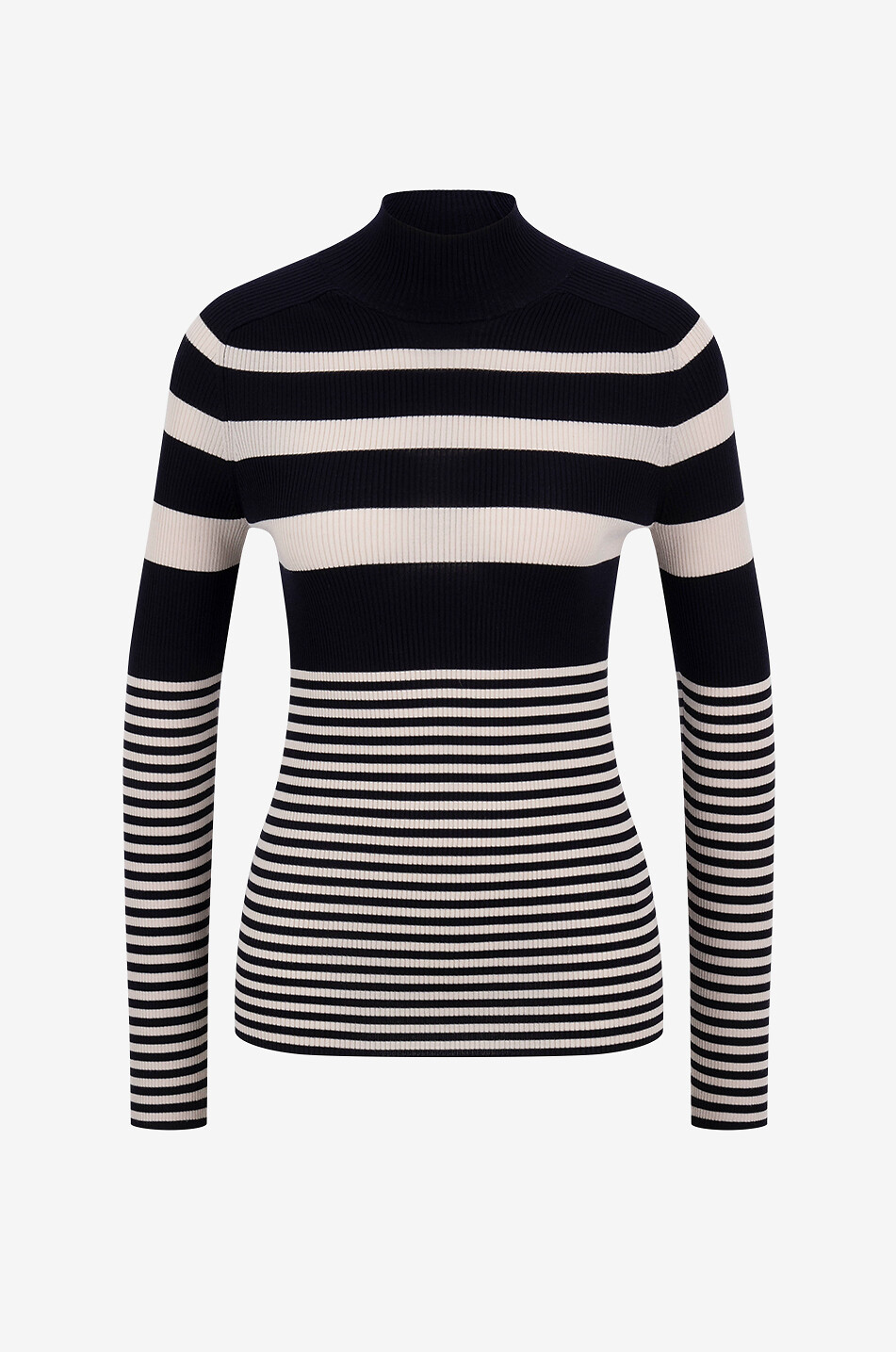 Ribbed striped sheath jumper with stand-up collar