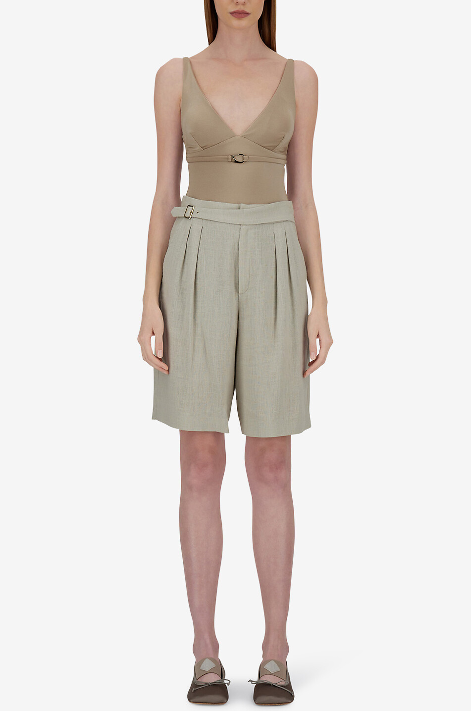 HERNO Fluid Bermuda shorts with waistband tucks Women Light beige 3