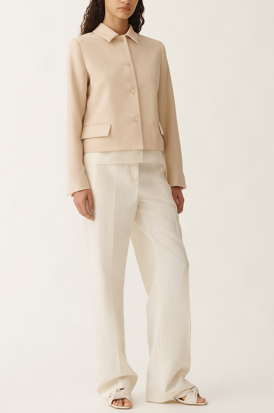 Wool blend canvas boxy suit jacket with organza trim
