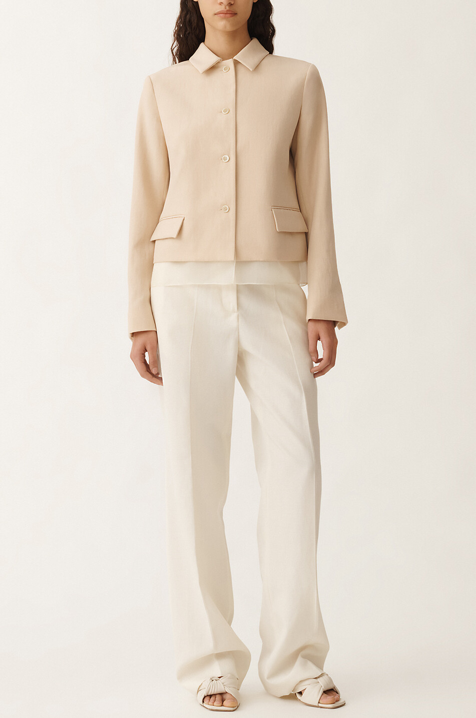 Wool blend canvas boxy suit jacket with organza trim