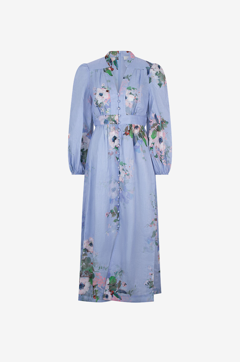 Geblümtes Leinen-Midikleid mit Puffärmeln Everley Plunge