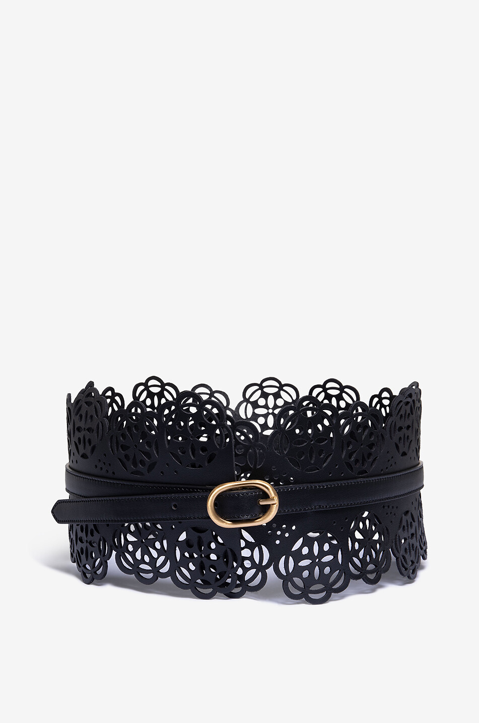BONGENIE Ceinture large en cuir ajouré - 100 mm Femme NOIR 1