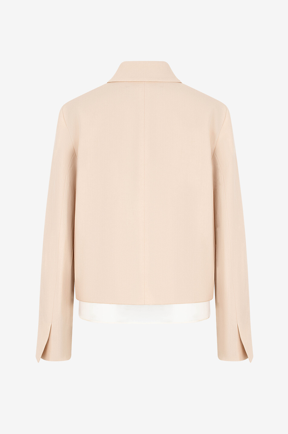 Wool blend canvas boxy suit jacket with organza trim