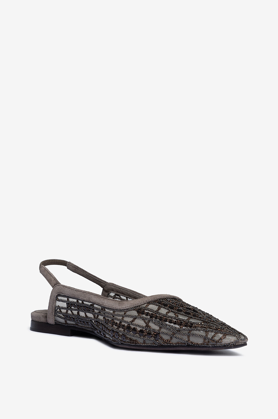 BRUNELLO CUCINELLI Monile sequin-adorned tulle and suede ballet flats with back straps Women DARK BROWN 1