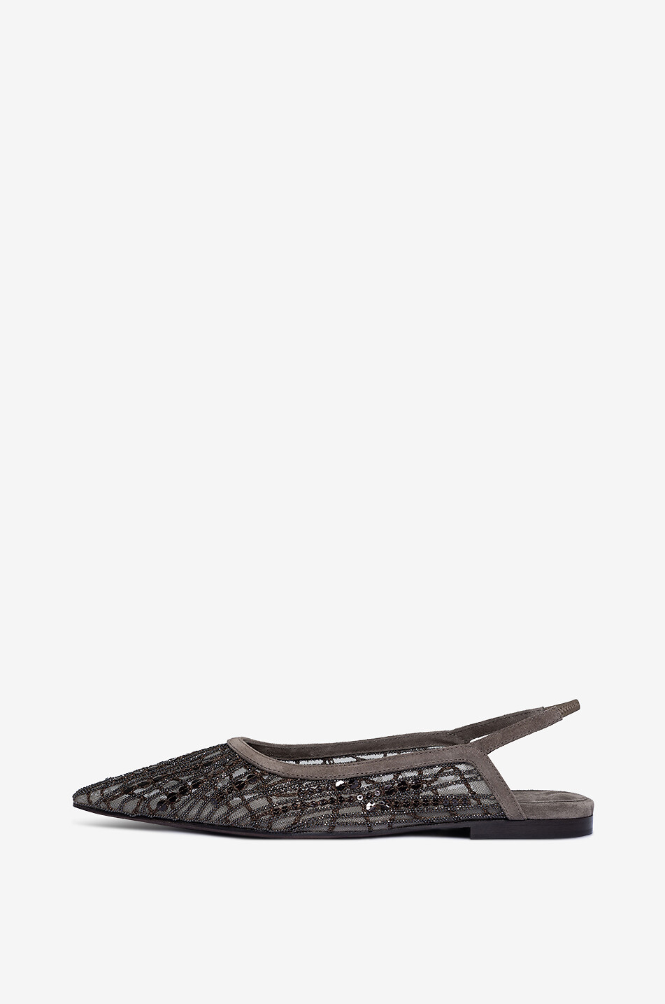 BRUNELLO CUCINELLI Monile sequin-adorned tulle and suede ballet flats with back straps Women DARK BROWN 3