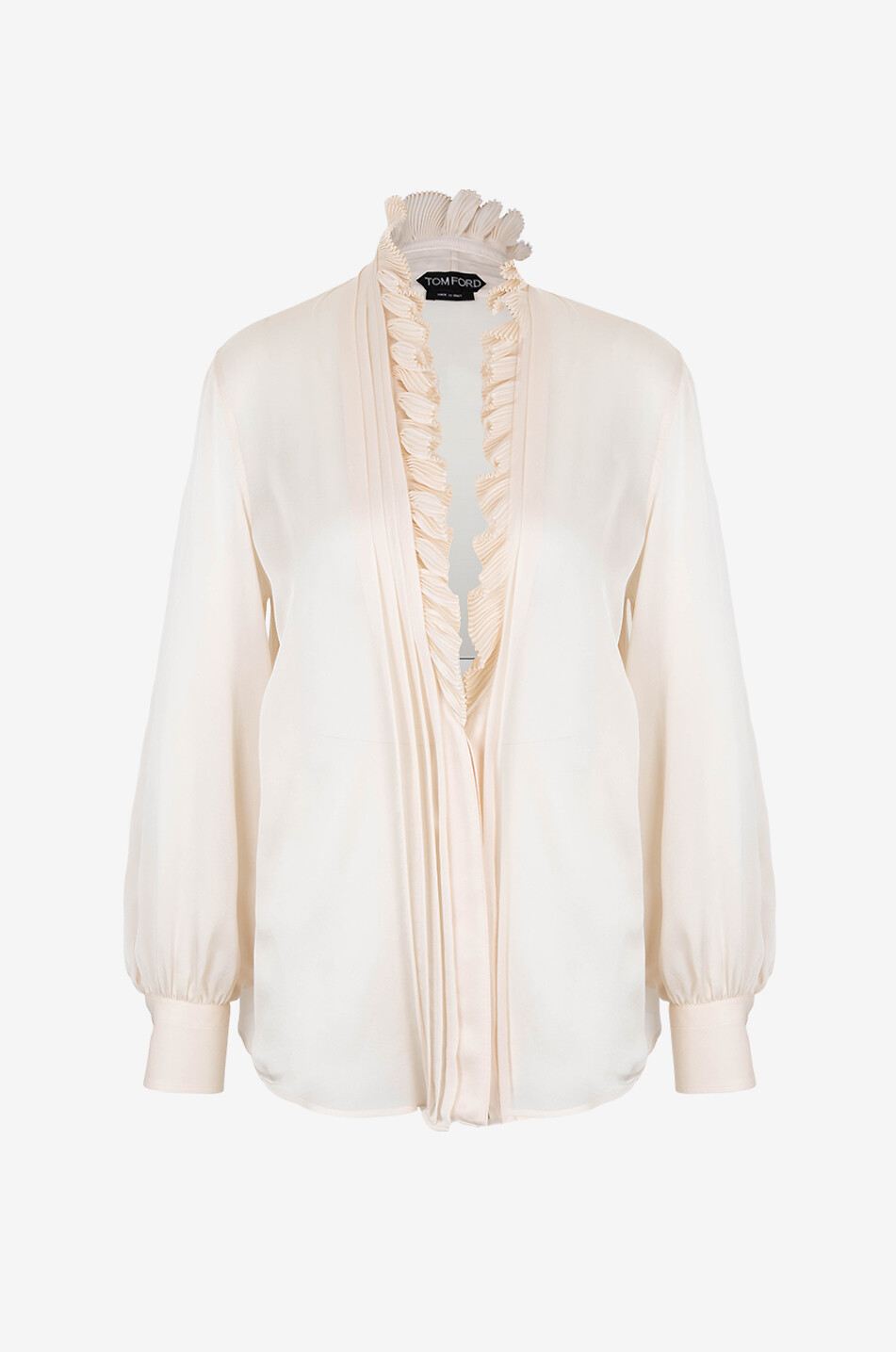 TOM FORD Seidenbluse mit V-Ausschnitt mit Plissee-Volants Damen WEISS 1